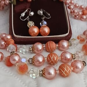Vintage Peach Pearl & Crystal Bead Necklace and Clip Earring Set